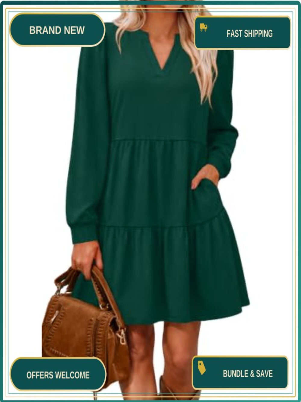 Long Sleeve V Neck Tiered Dress with Pockets Casual Fall